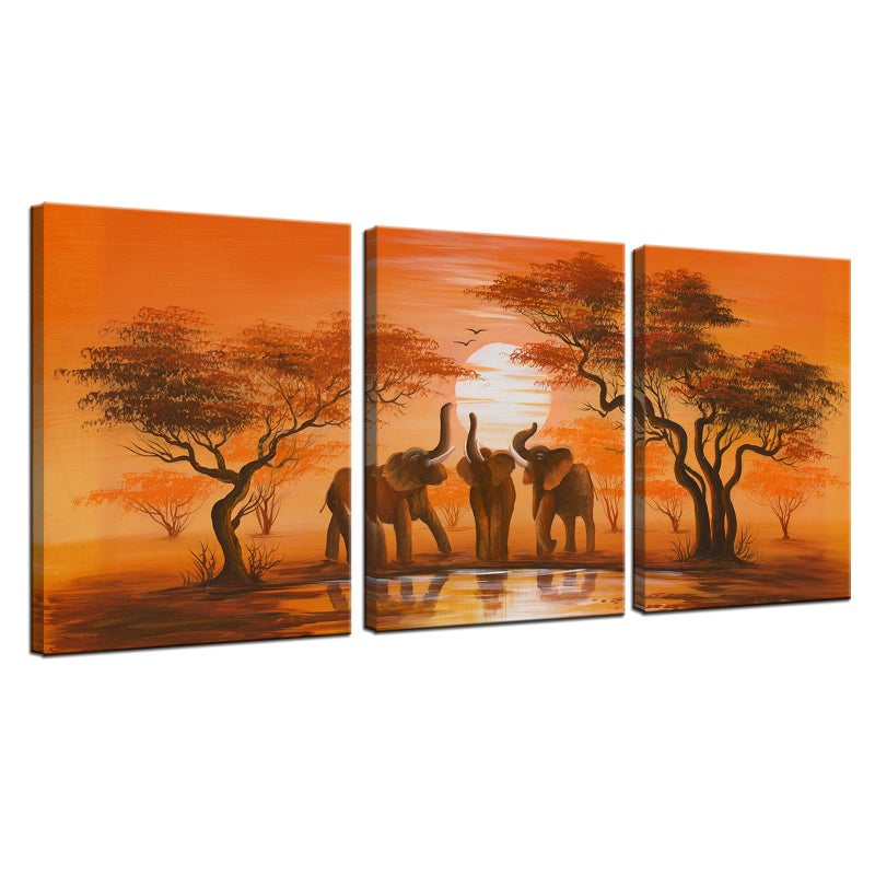 iHAPPYWALL Vintage African Elephant Family Canvas Wall Art African Forest Sunset Landscape Orange Picture Print On Canvas for Living Room Bedroom Home Decor Ready to Hang 12"x16"x3PCS - Image 1